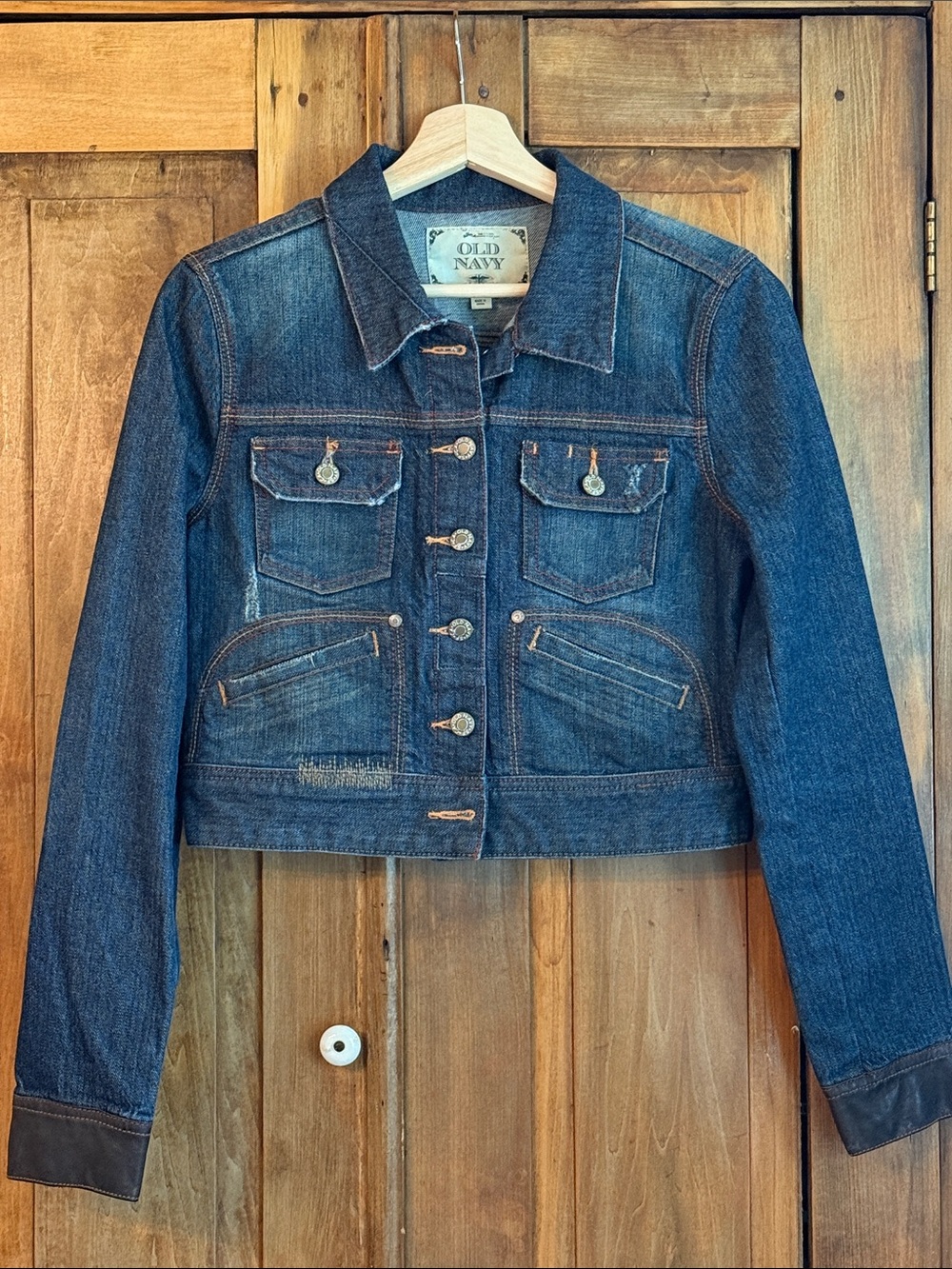 Y2K NWOT Old Navy Special Edition M Blue Cropped Denim Jacket with Leather Trim